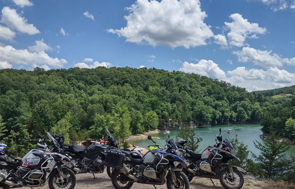 Adventure bikes at a lake overlook